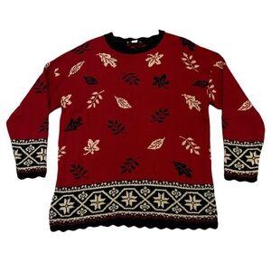 Vintage 90s Fall Autumn Thanksgiving Novelty Sweater Red w Black & Tan Leaves L